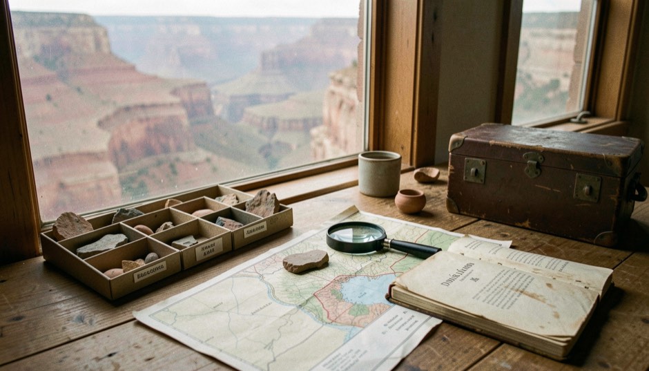Field desk near a canyon window holding site maps, a magnifier, pottery sherds in labeled trays and a worn notebook