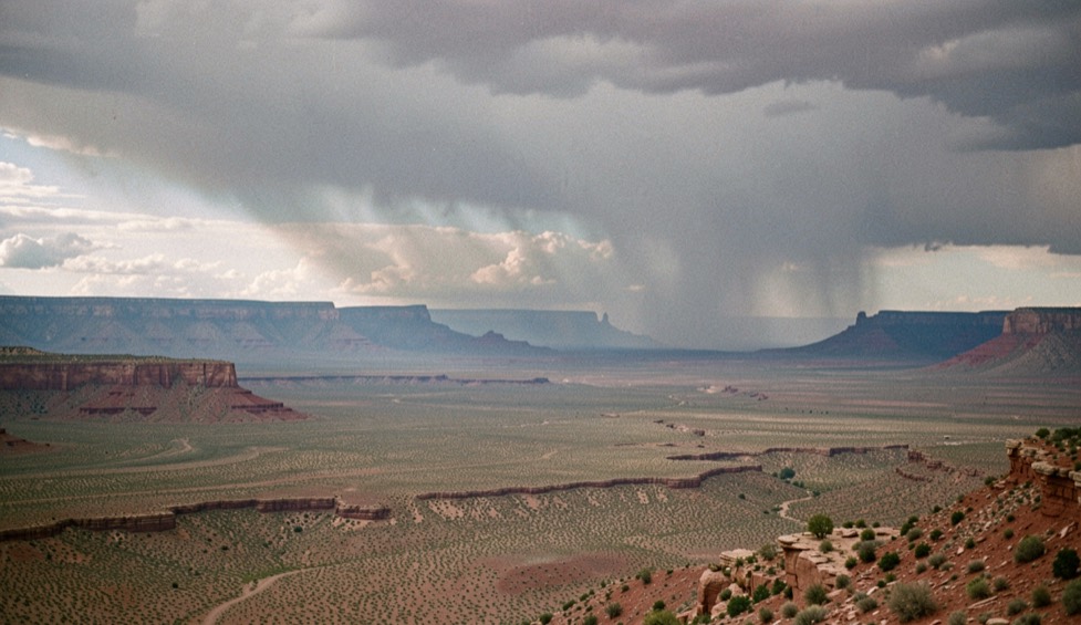 Long perspective across a high desert plateau toward distant blue mesas with a faint trail of storm clouds moving over the horizon