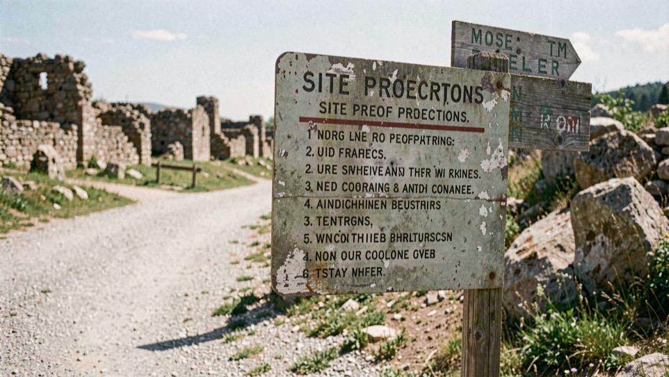 Weathered regulatory sign at a trailhead listing site protections beside gravel path and distant ruin walls in hard noon light