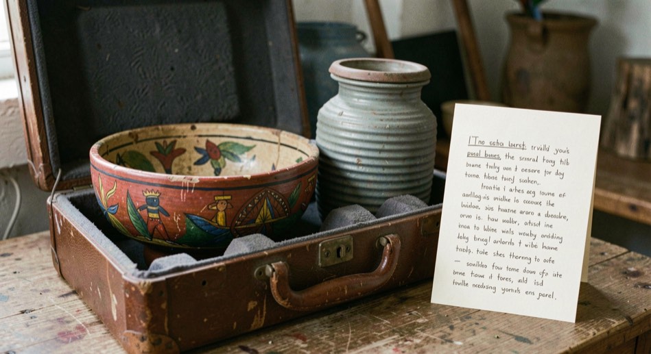 Dim gallery case holding a restored painted bowl and corrugated jar with a tribal artist statement card propped beside them