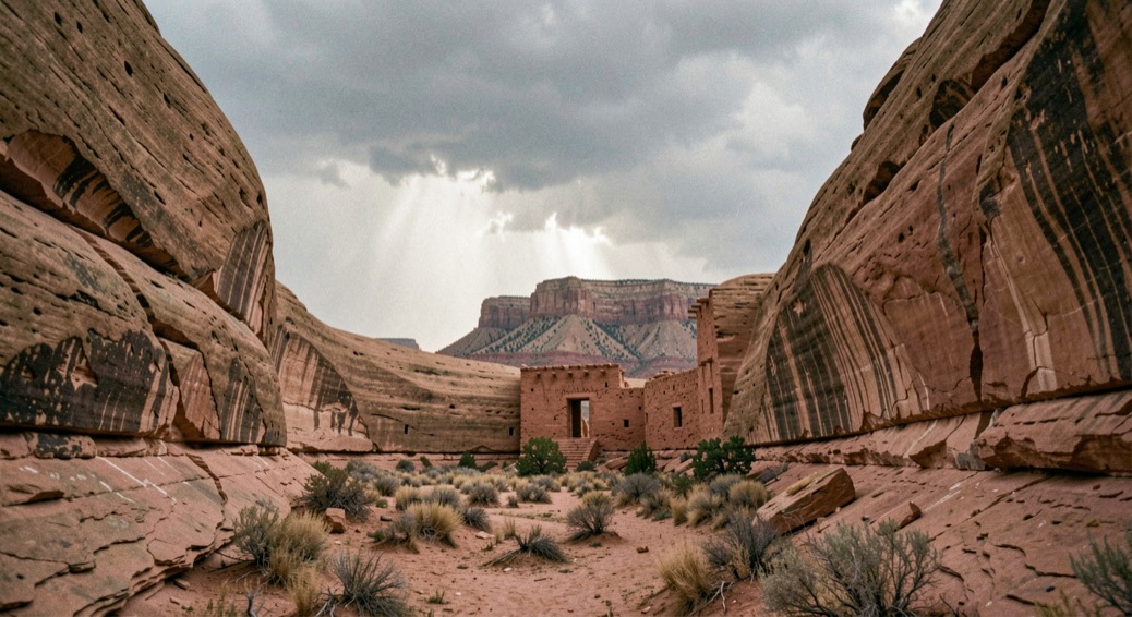 Curved high sandstone wall of a great house rising above a dry canyon floor with storm light moving across the mesa beyond