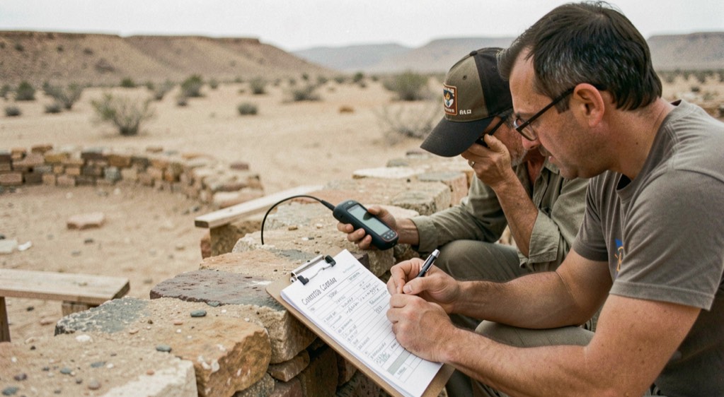 Volunteer photographing a low ruin wall with a clipboard and GPS unit while another fills a condition form at a desert site