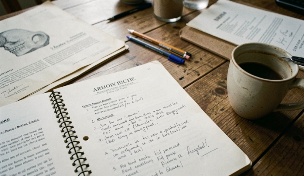 Manuscript page covered in revisions beside archaeological reports and a cup of coffee on a wide wooden writing table