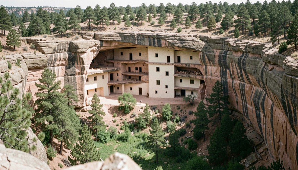 Four story cliff dwelling filling a sandstone alcove above a green canyon with ponderosa shadows and the pale plaster of upper rooms