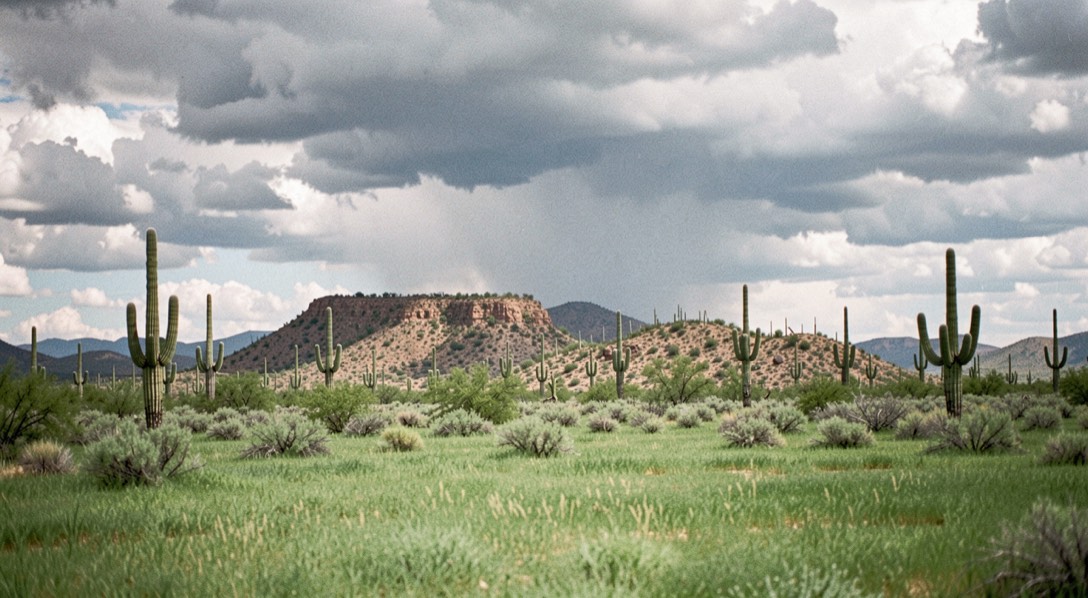 Green highland meadow meeting saguaro studded desert basin under summer monsoon clouds with two distinct horizons in one frame