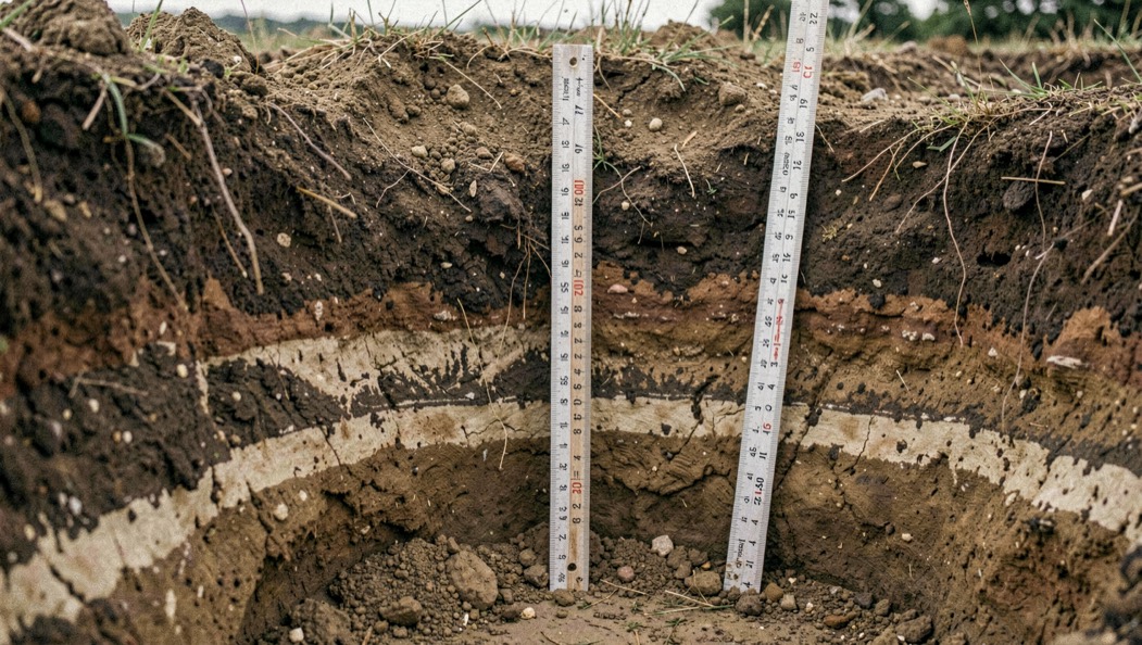Cut bank of an archaeological excavation showing distinct dark and light soil layers with a folding ruler standing upright against the profile