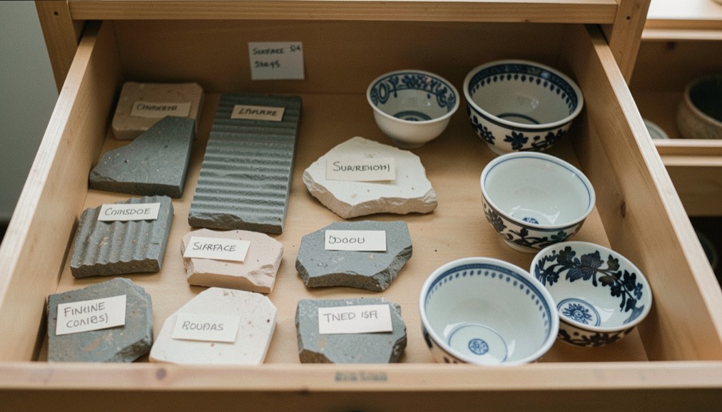 Museum drawer of labeled pottery sherds arranged by surface treatment from corrugated gray to fine painted black-on-white bowls