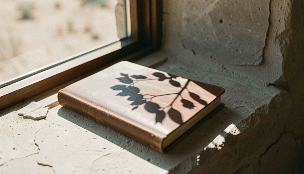Closed leather journal resting on a stone windowsill with desert light and the shadow of a cottonwood branch across it