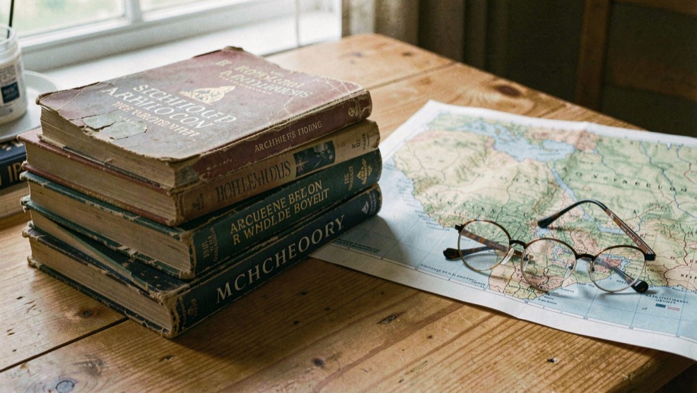 Stack of worn archaeology paperbacks beside a topographic map and reading glasses on a pine table in afternoon window light