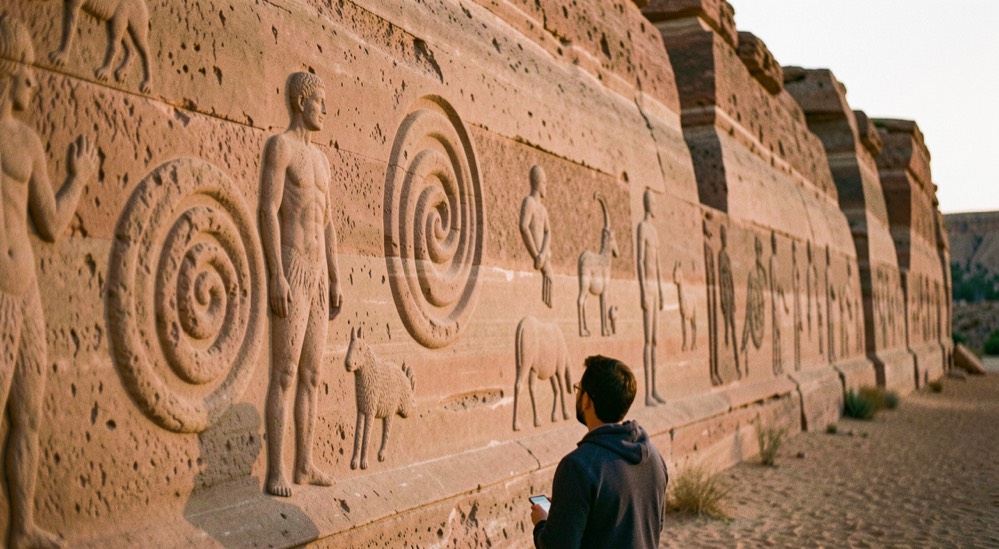 Wide sandstone wall carrying spiral, animal and humanoid figures in warm evening light with a visitor observing from a respectful distance
