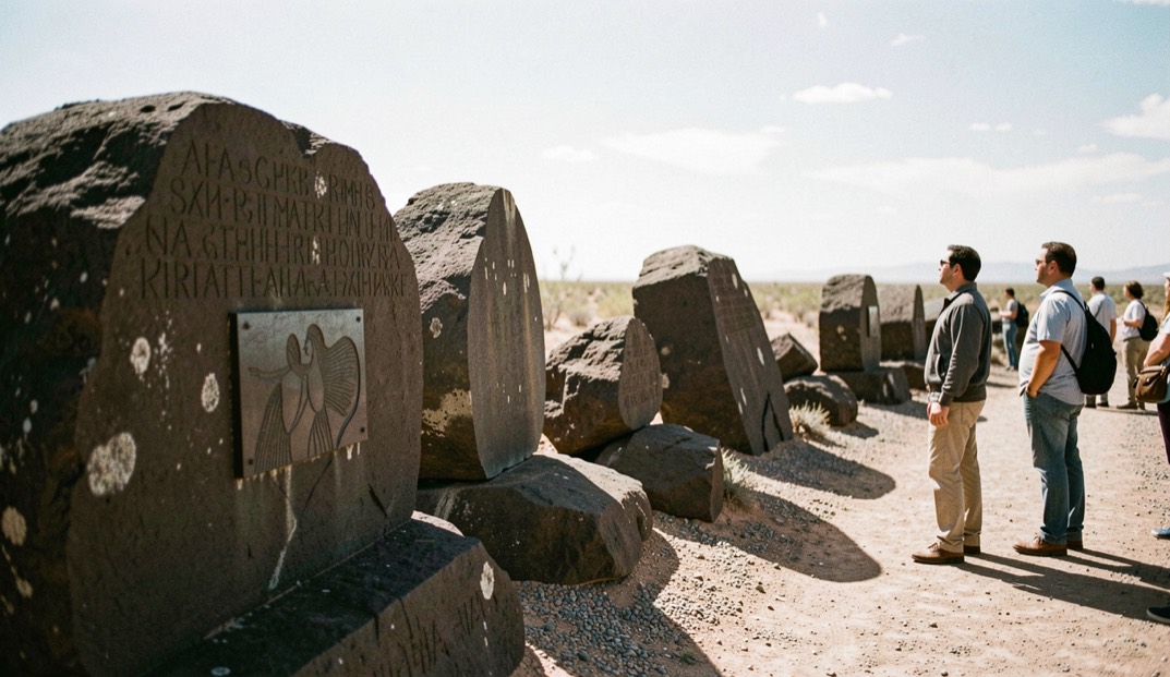 Long basalt boulder row beside a desert trail with visitors reading a pecked panel in slanting light under a wide sky