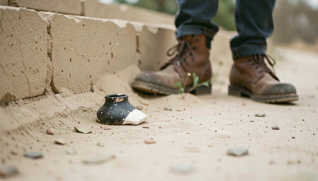 Single black-on-white pottery sherd resting on pale trail dust near a low wall alignment with a boot stopped a respectful step away