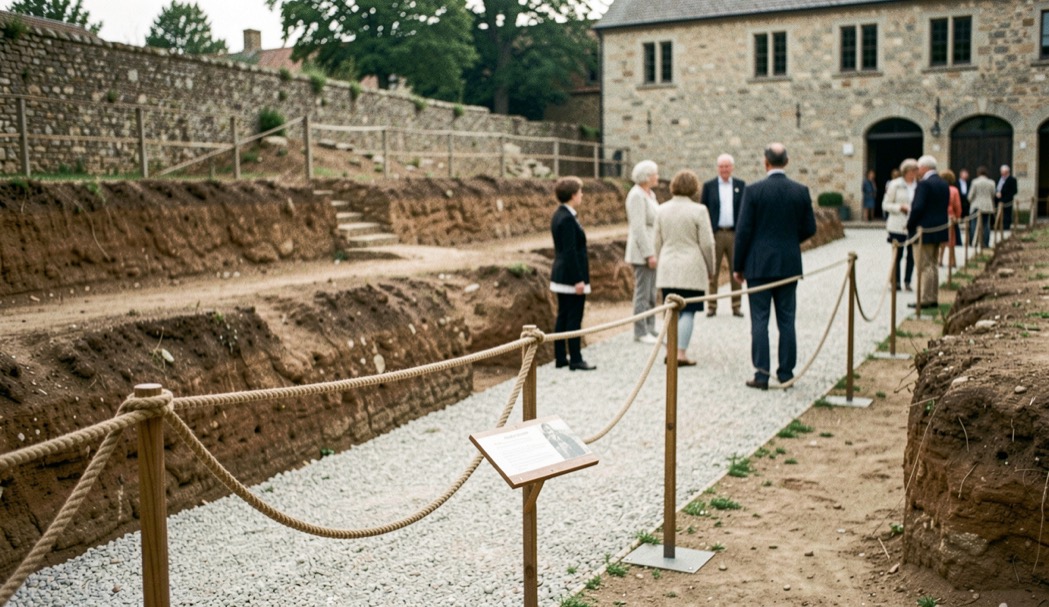 Rope line and interpretive sign at the edge of an excavated courtyard with visitors keeping to the marked gravel path