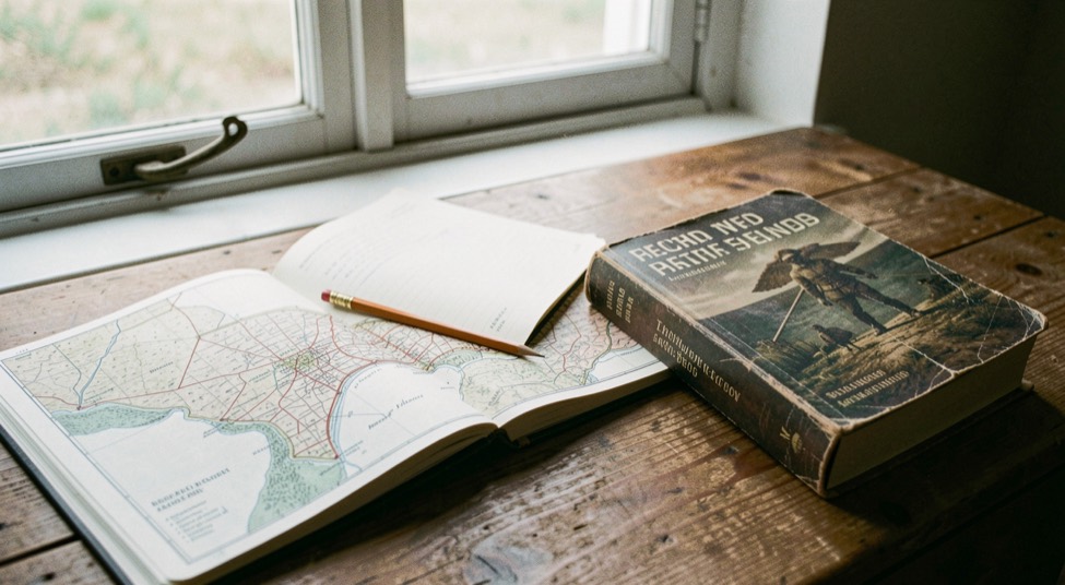 Field notebook open beside site maps, a pencil and two worn archaeology paperbacks on a wooden table near a bright window