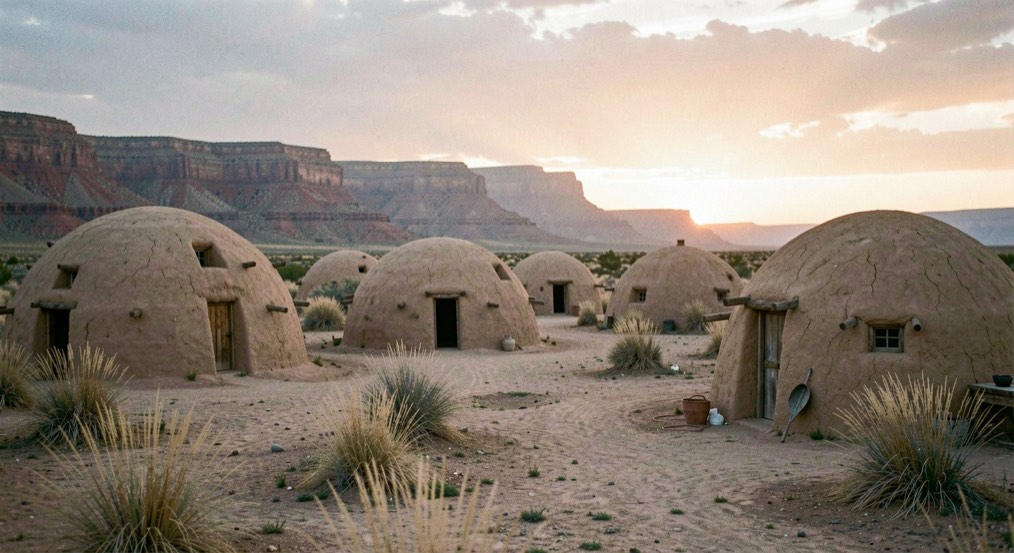 Reconstructed pithouse village at sunset with low earthen domes against a mesa horizon and scattered desert grasses in the foreground