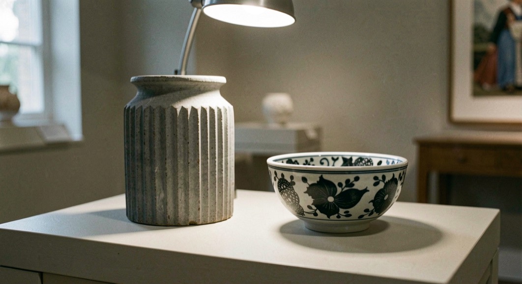 Reconstructed corrugated gray jar and a painted black-on-white bowl resting on a museum table under a soft directional lamp
