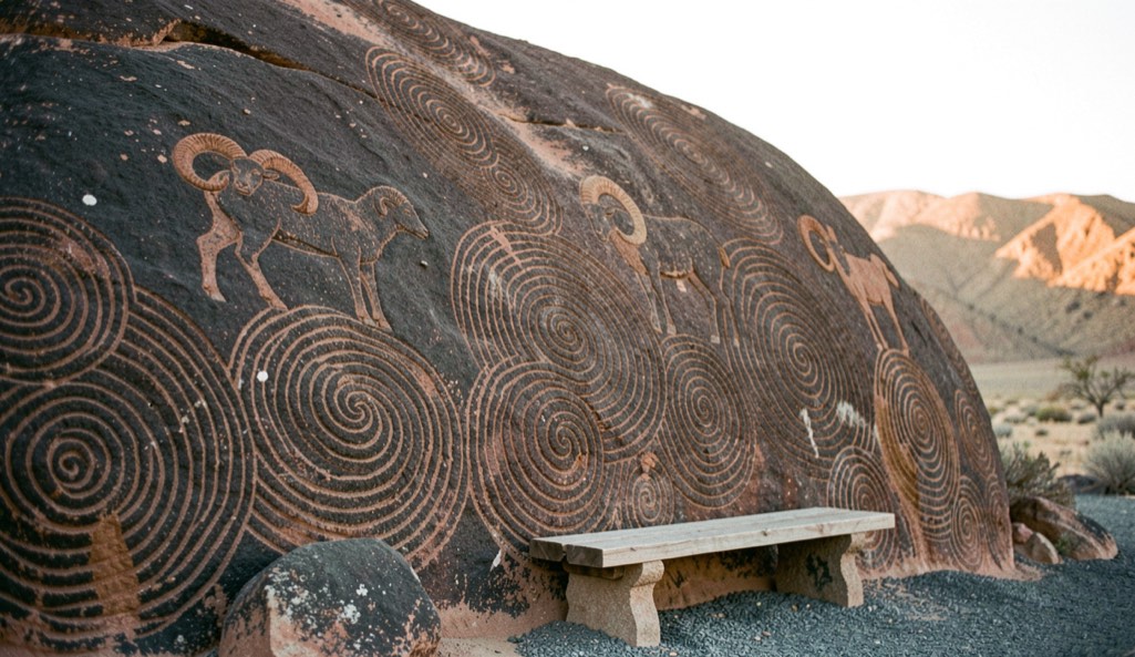Dark desert varnish boulder face covered in pecked spirals and bighorn sheep figures above a gravel bench at golden hour