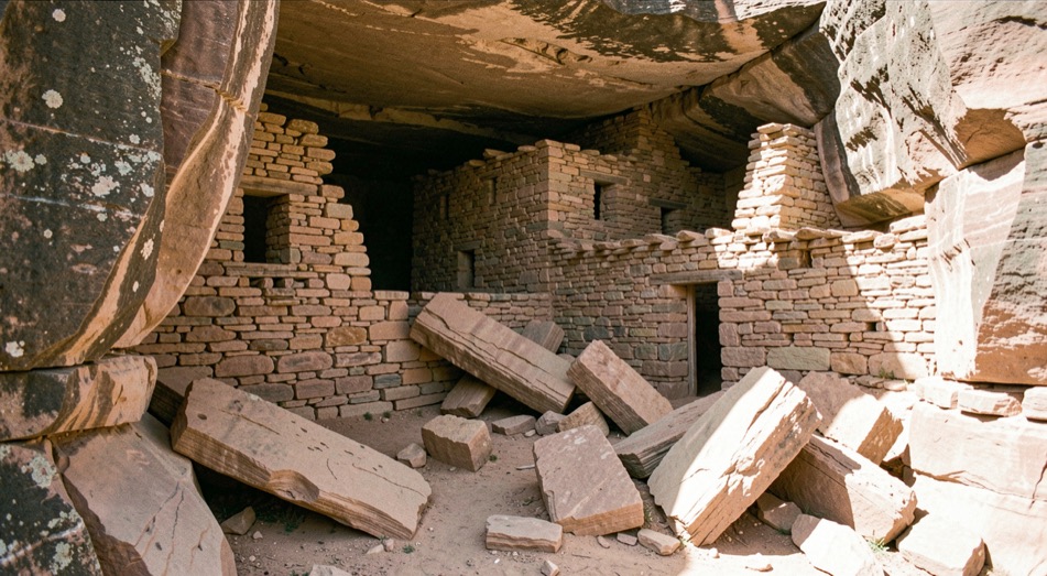 Stone masonry walls of a large cliff dwelling standing deep in a sandstone alcove with fallen blocks and swift shadows below