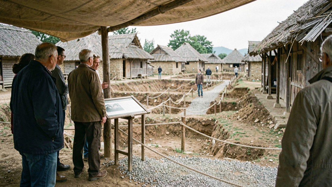 Visitors in a shade shelter listening to an interpretation sign at the edge of an excavated village with ropes and gravel paths